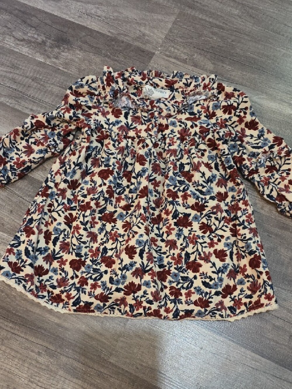 Girls' Cream Floral Ruffle Neck Dress with Rust Tights